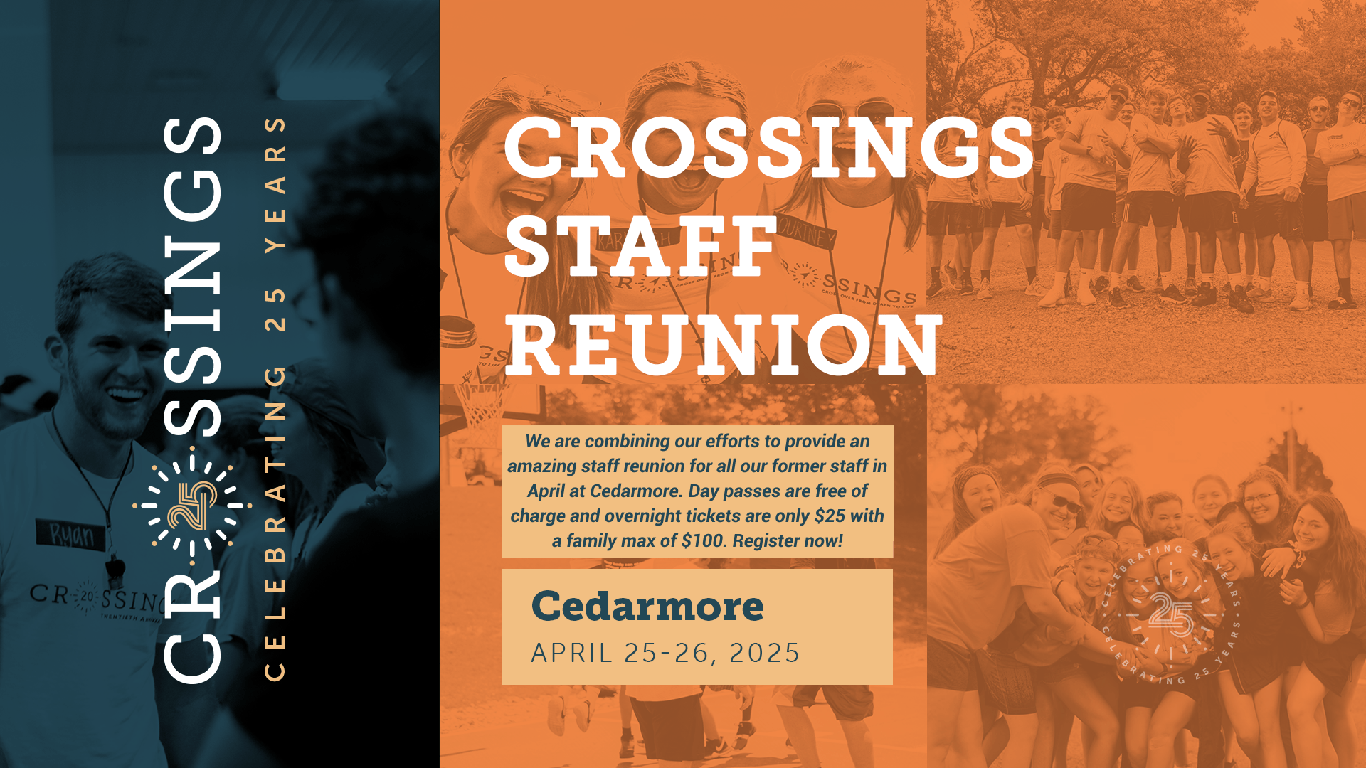 We are combining our efforts to provide an amazing staff reunion for all our former staff in April at Cedarmore. Day passes are free of charge and overnight tickets are only $25 with a family max